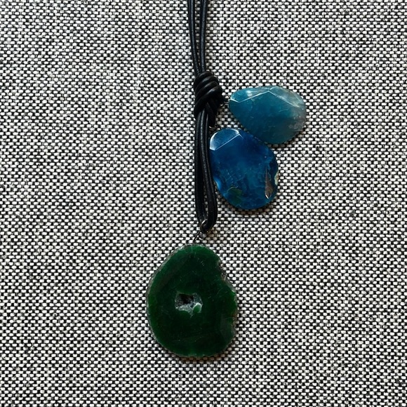 Handmade Blue and Green Stone Necklace with brown cord , Made in Athens, Greece - Picture 14 of 17